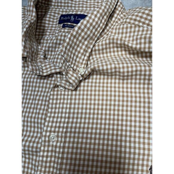 Polo Ralph Lauren L/S Button Down Shirt Men Big 4XB Tan Cream Plaid Flesh Pony - Picture 7 of 10